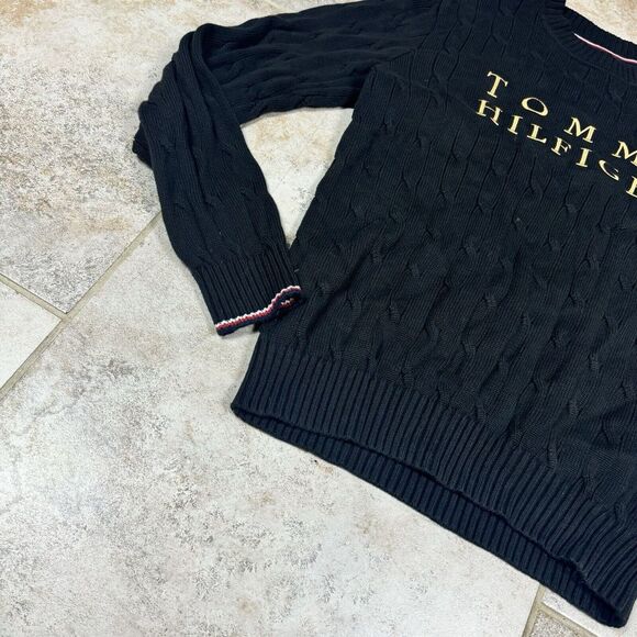 Tommy Hilfiger Cable-Knit Cotton Sweater Mens Medium Black Spellout Chunky - Picture 3 of 10